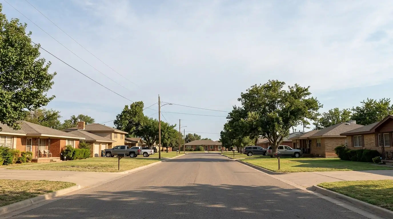 Residential street in Canyon Texas with brick and frame homes