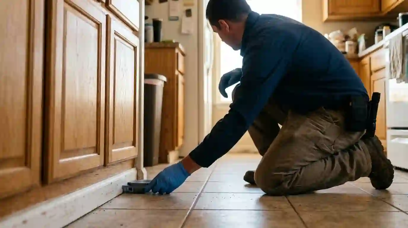 Technician placing an ant bait station along a kitchen baseboard