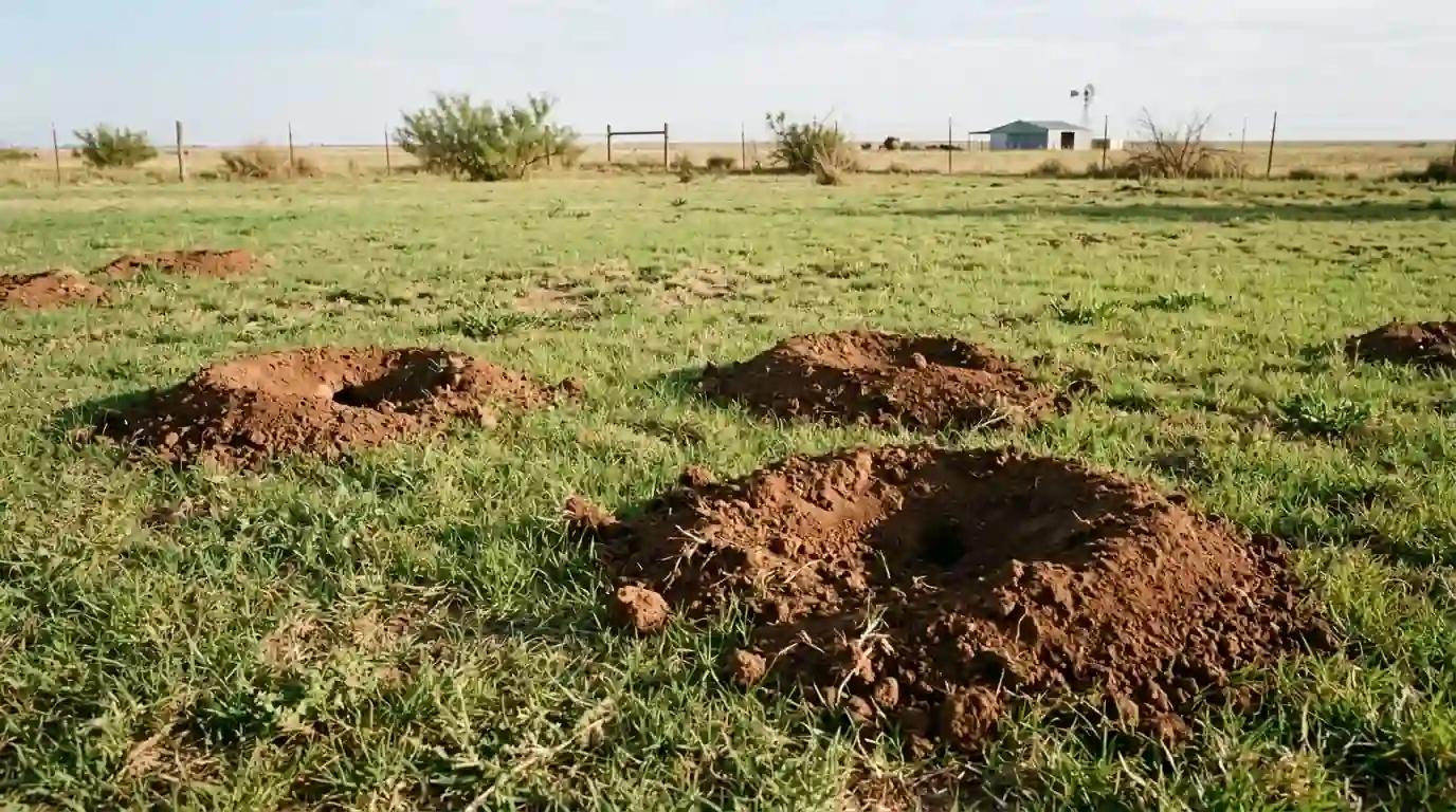 Fresh crescent-shaped pocket gopher mounds in a green lawn