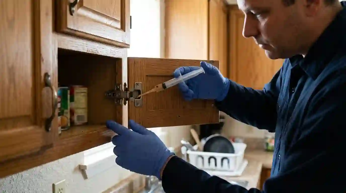 Technician applying gel bait inside a cabinet hinge in an apartment kitchen