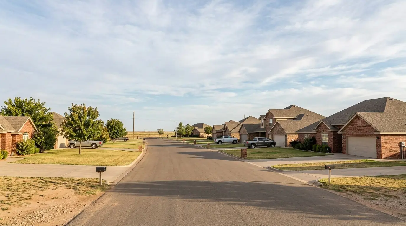 Residential street in Bushland Texas with brick and frame homes