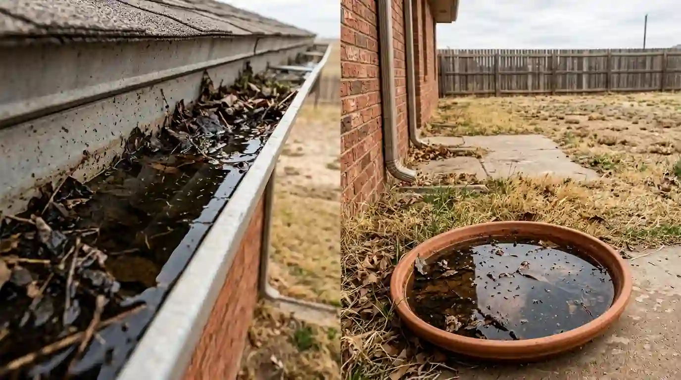 Standing water in a clogged gutter and a flower pot saucer with mosquito larvae