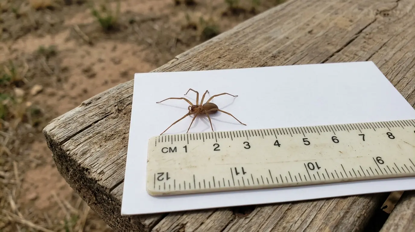 Brown recluse spider on a white card next to a ruler for size, close view
