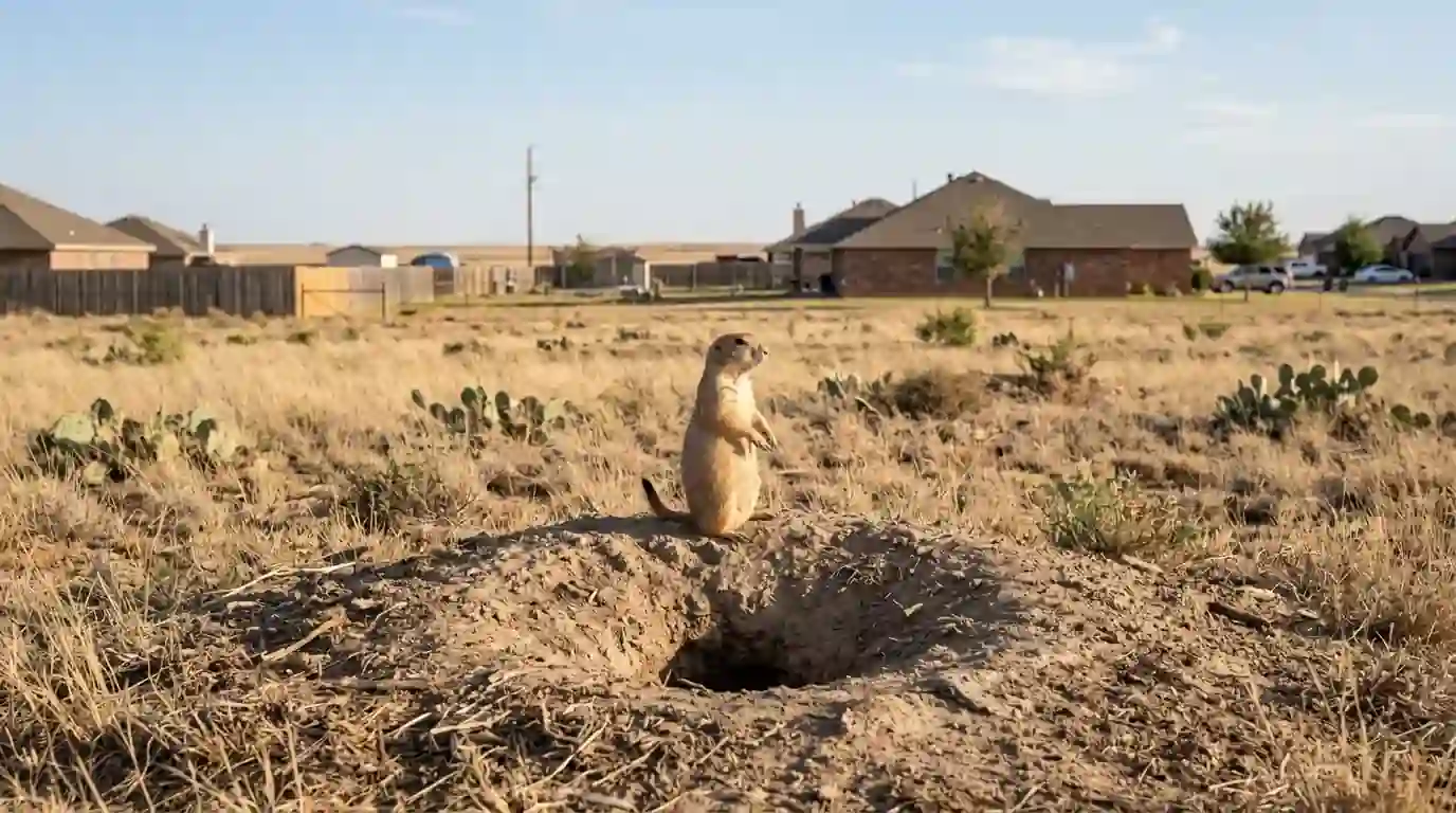Black-tailed prairie dog standing at its burrow mound in short-grass prairie at the edge of a Texas Panhandle subdivision