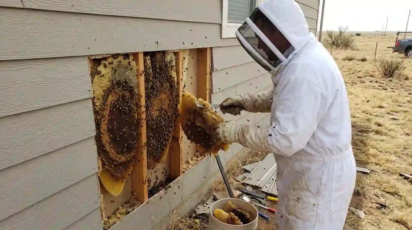 Opened siding wall cavity showing honeycomb being removed by a technician