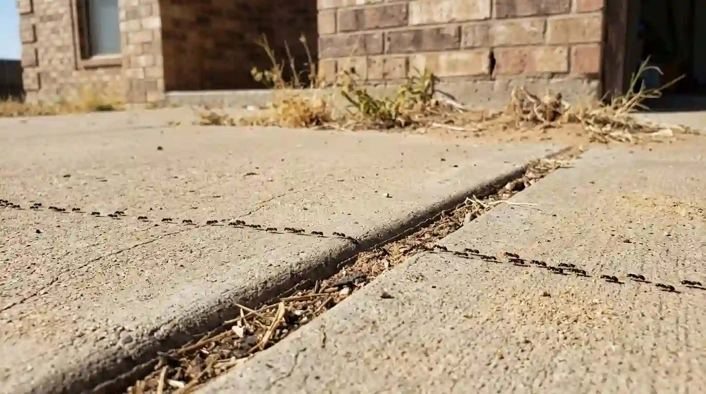 Line of small ants crossing a concrete driveway expansion joint toward a brick home