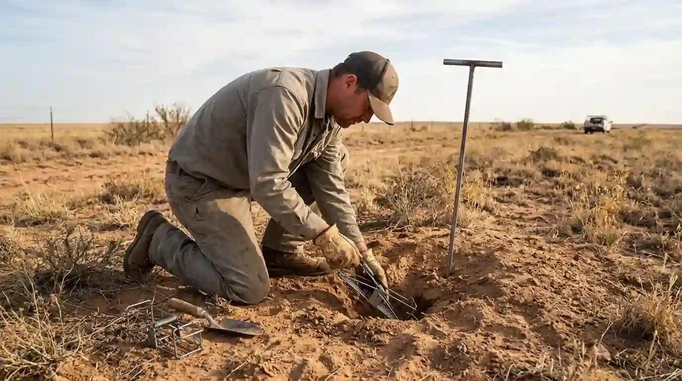 Technician setting a gopher trap in a probed tunnel with a hand probe