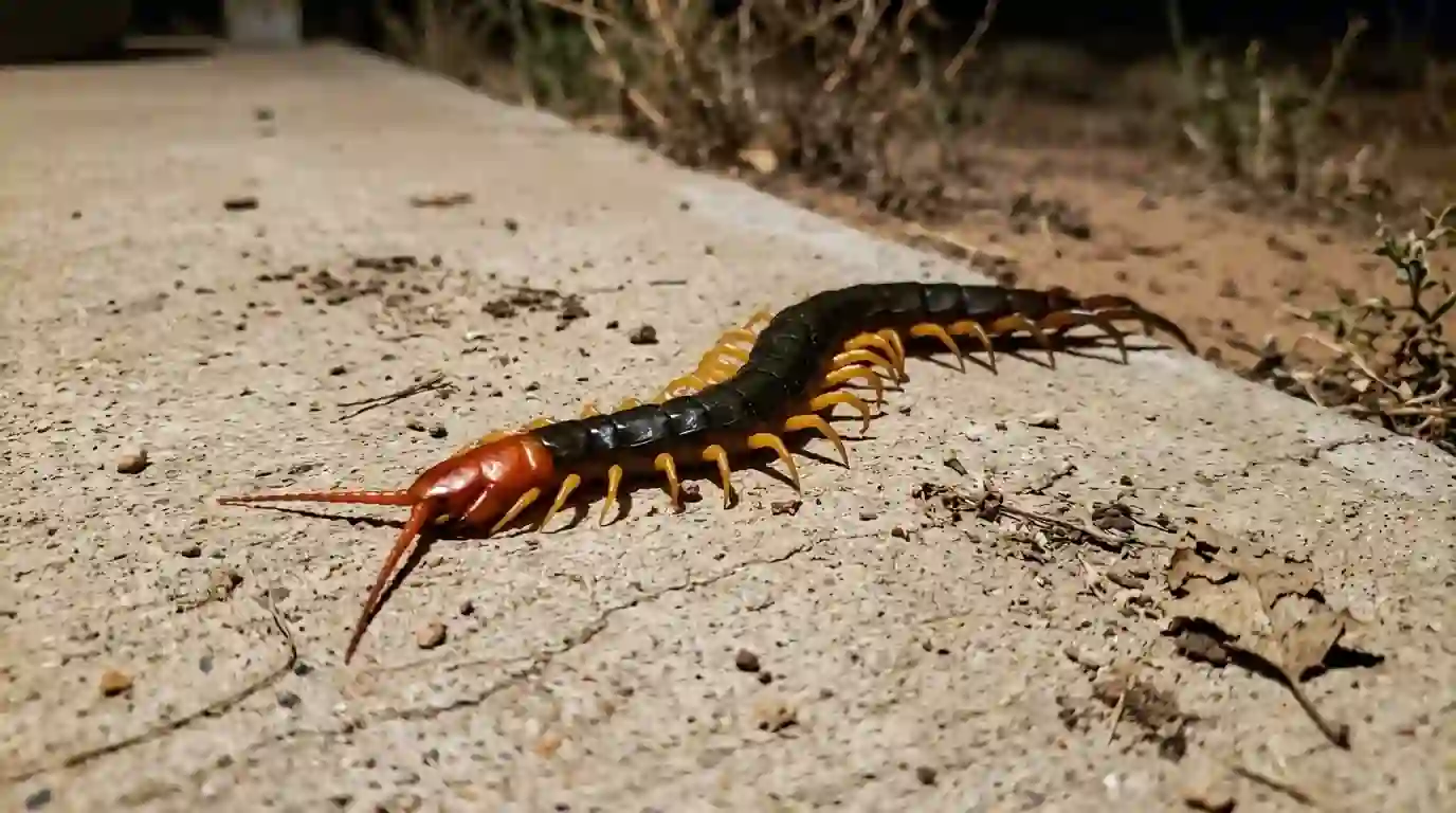 Texas redheaded centipede on a concrete patio at night, close view