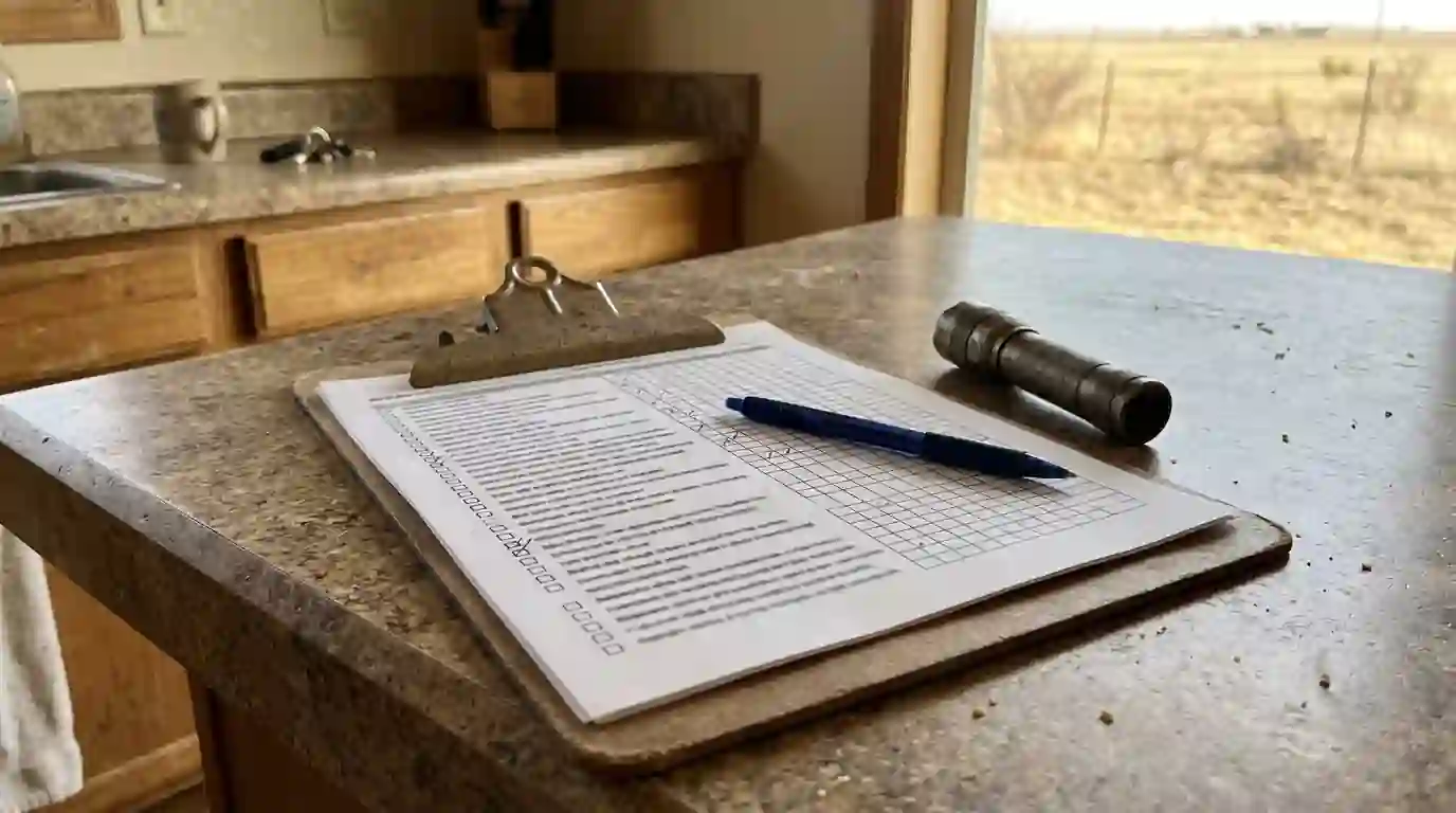 Clipboard with a wood destroying insect inspection checklist on a kitchen counter