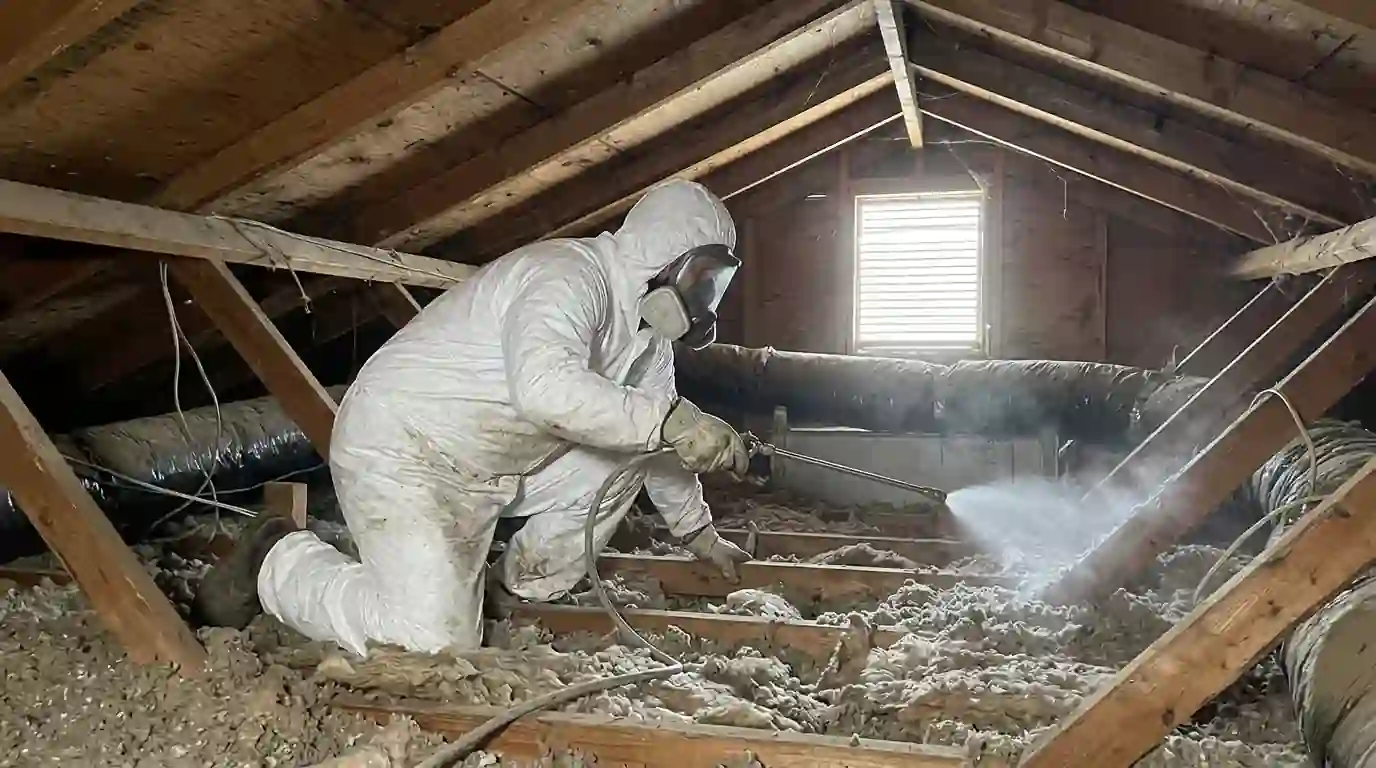 Attic insulation being sanitized and deodorized after an animal removal