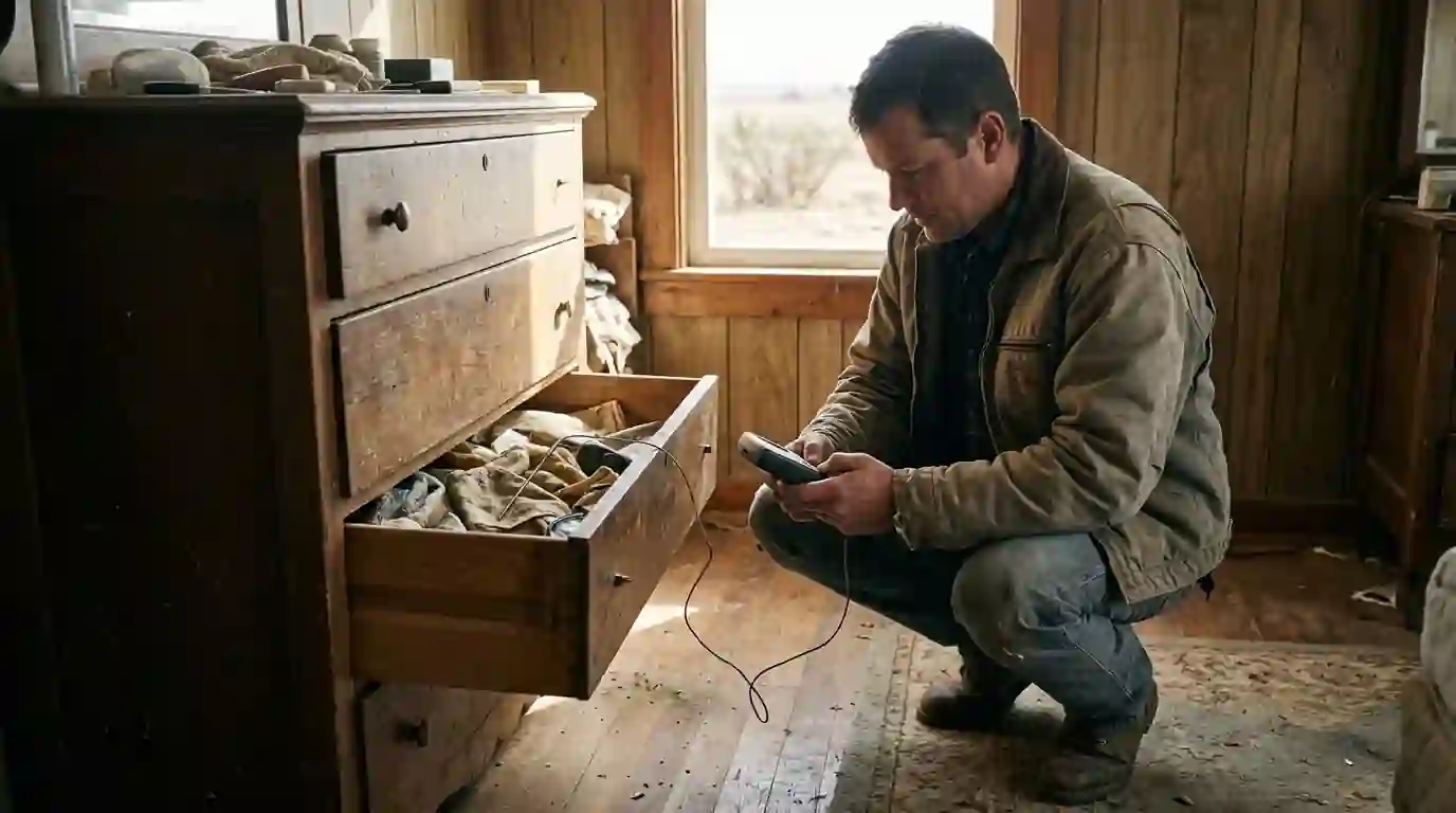 Technician reading a remote thermometer probe placed in a dresser drawer