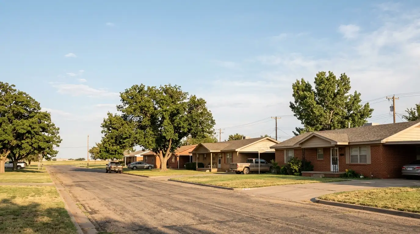 Residential street in Borger Texas with brick and frame homes