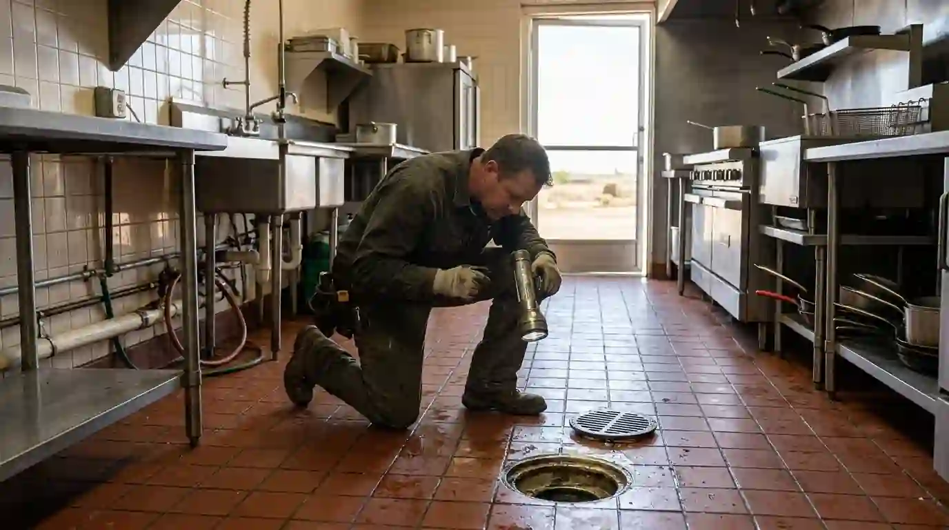 Floor drain in a commercial kitchen being checked by a technician with a flashlight