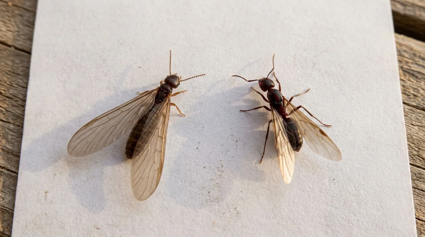 Side by side comparison of a winged termite and a winged ant on white paper