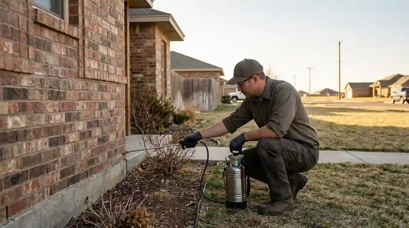 Technician treating the base of a brick home exterior