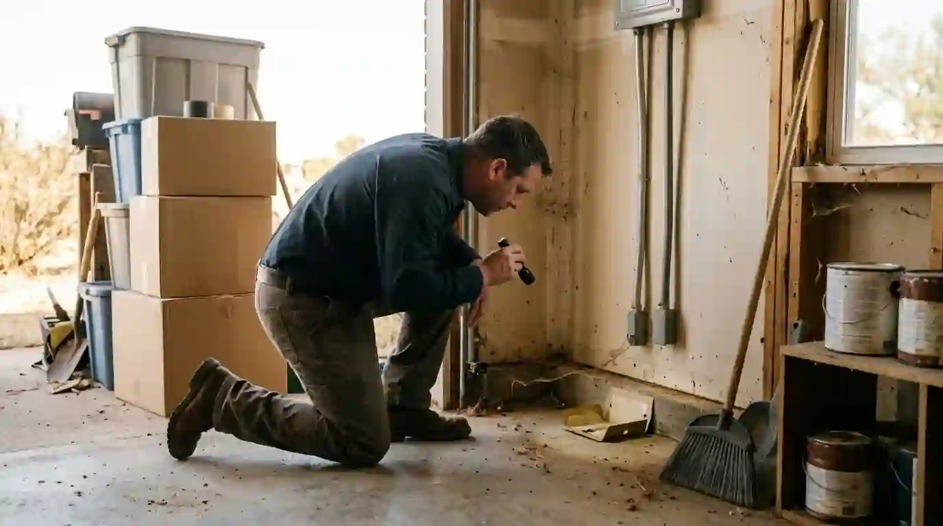 Technician checking a glue board monitor in a garage corner during a seasonal service visit
