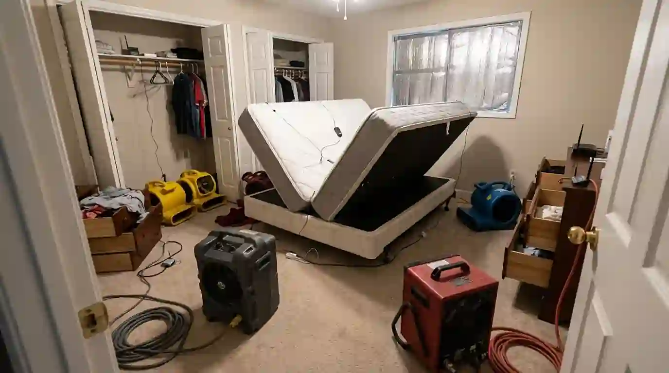 Bedroom set up for bed bug heat treatment with heaters, fans and temperature sensors