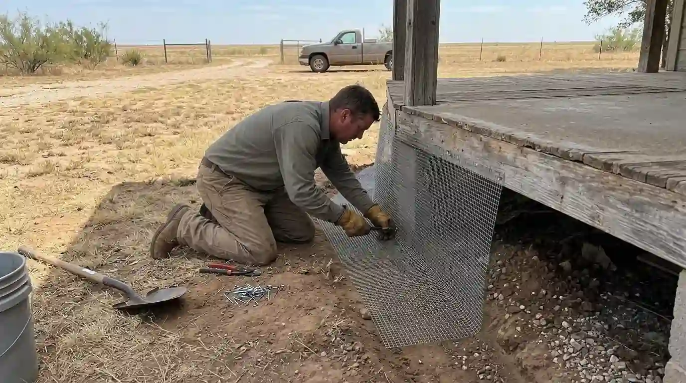 Technician installing an L-shaped wire mesh skirt around a porch to block skunk denning