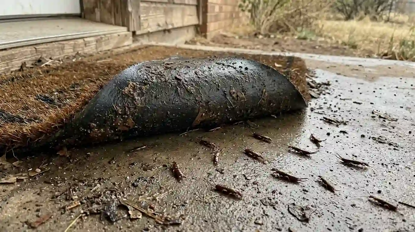 Earwigs under a wet doormat on a back porch