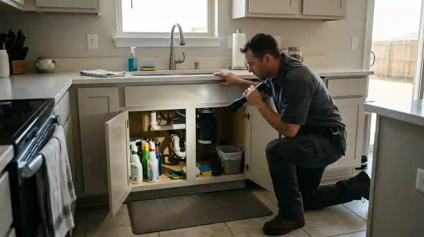 Technician with a flashlight checking under a kitchen sink cabinet for cockroaches and spiders