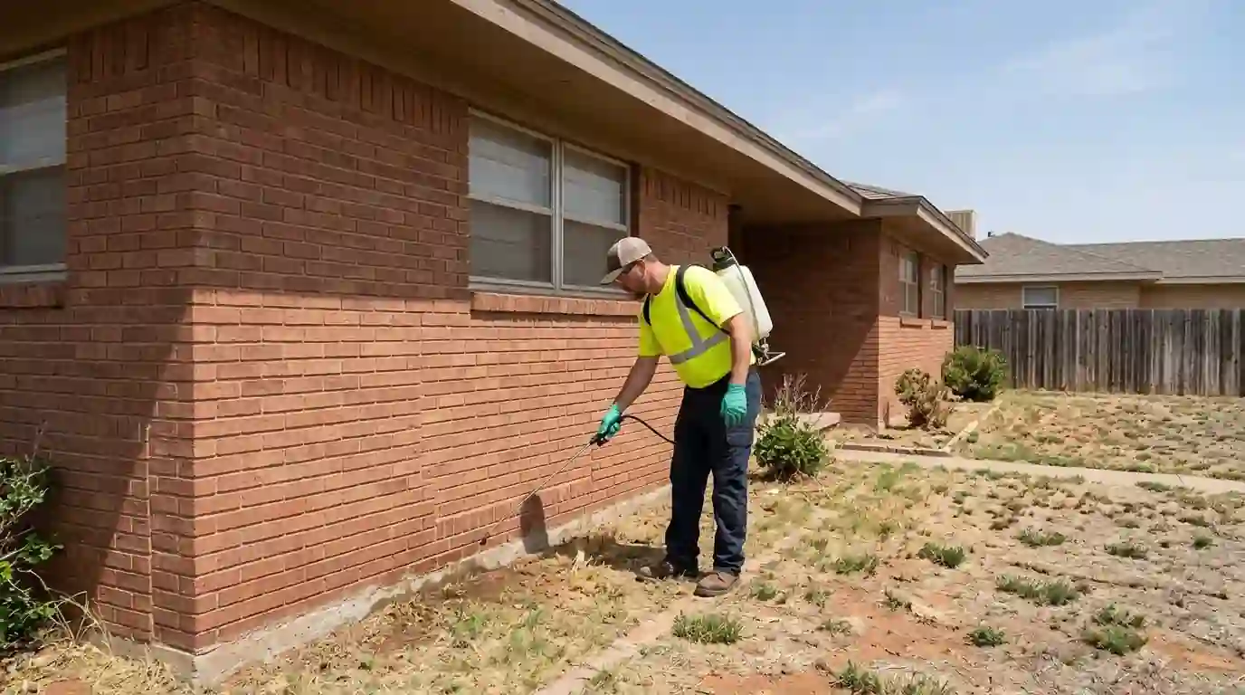 Technician applying an exterior perimeter treatment along the slab line of a brick ranch home in Amarillo