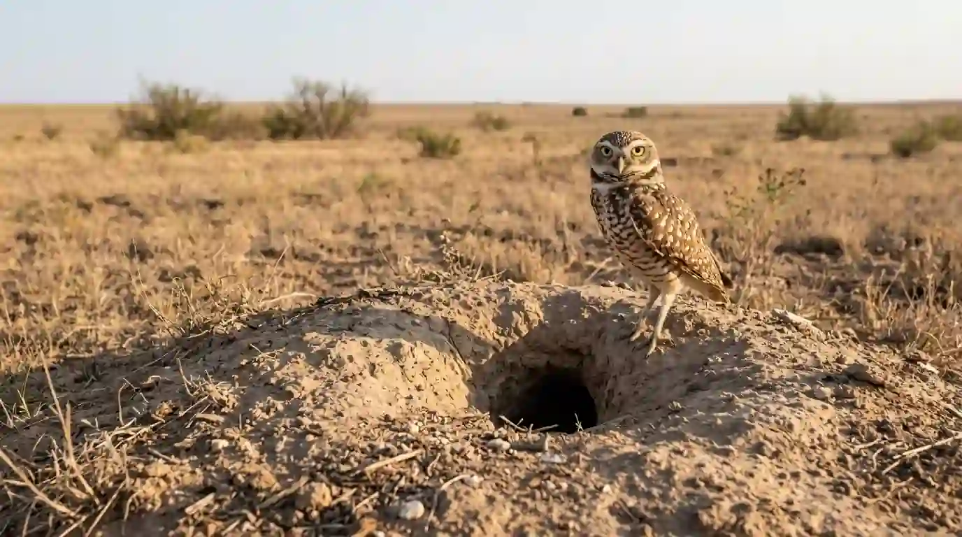 Burrowing owl standing at a prairie dog burrow entrance