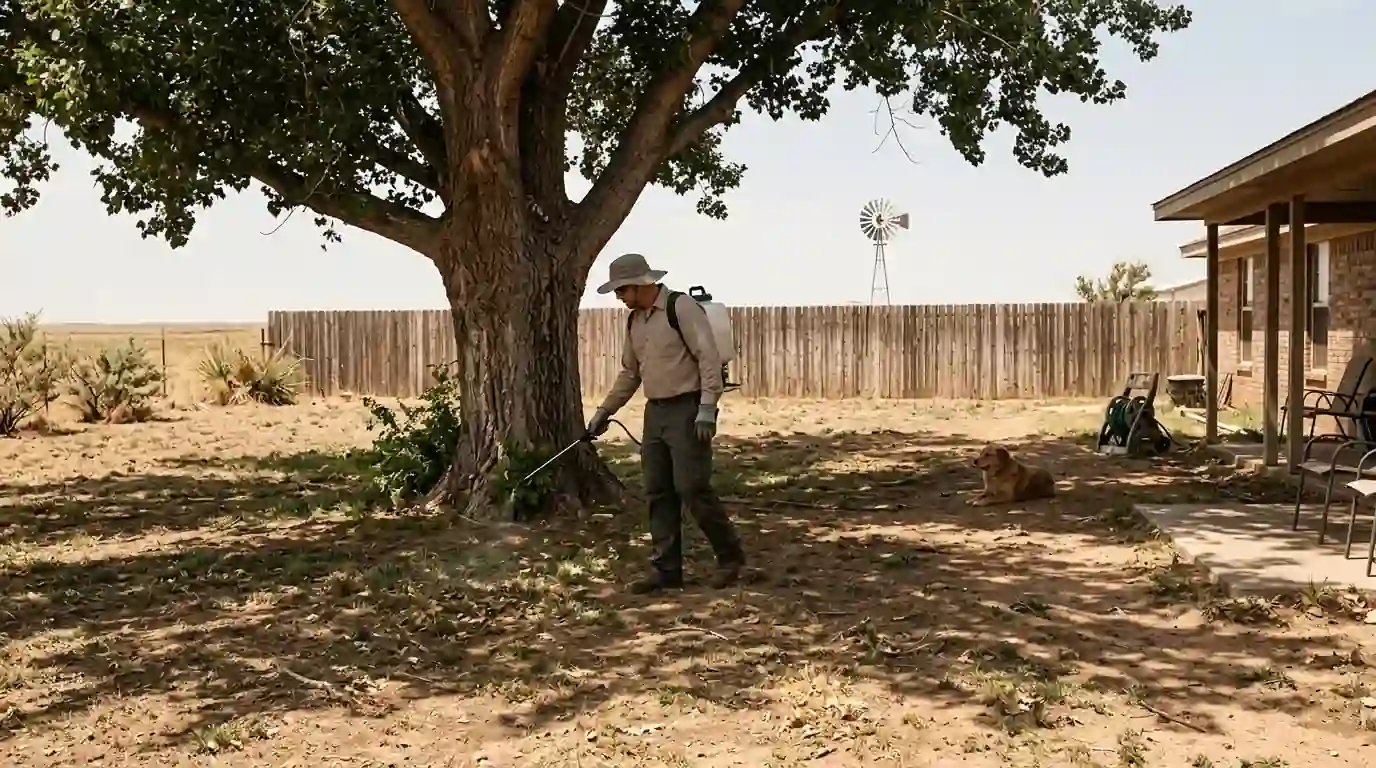 Technician treating a shaded yard area under a tree where a dog rests, Texas Panhandle backyard