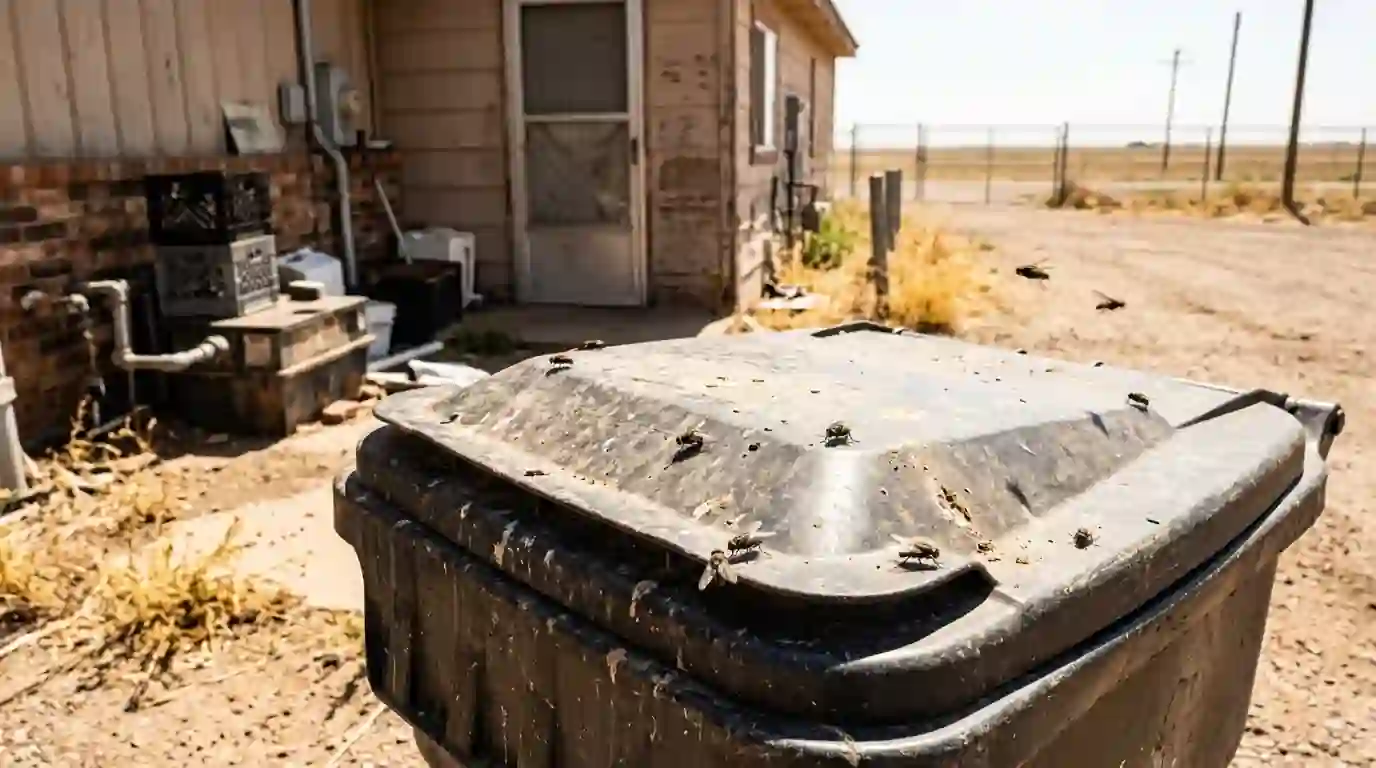 House flies landing on a garbage bin lid behind a small restaurant in the Texas Panhandle on a hot afternoon