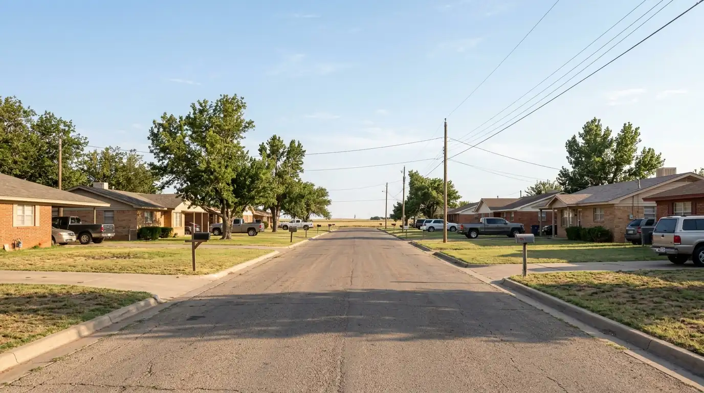 Residential street in Dumas Texas with brick and frame homes