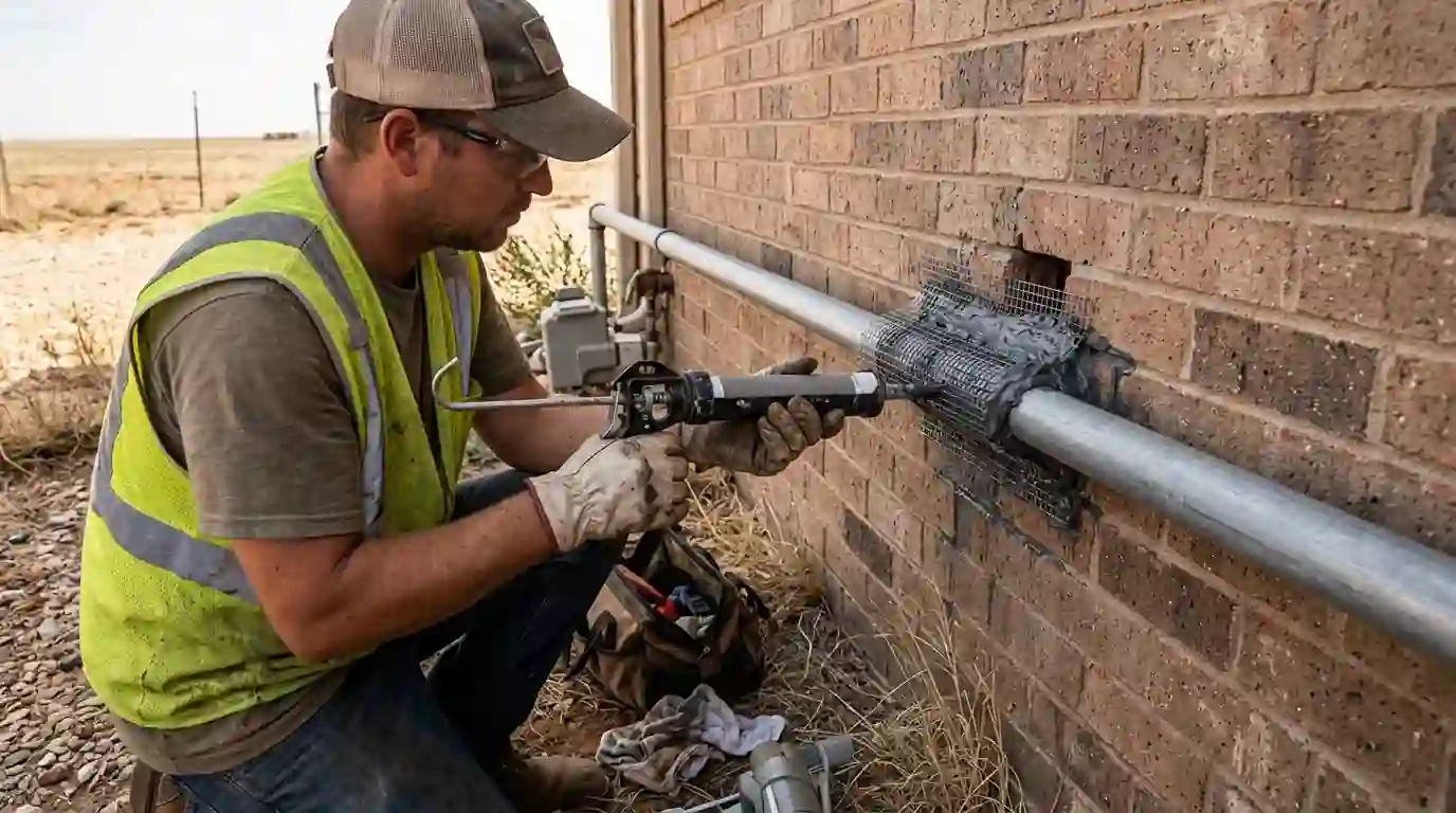 Technician sealing a utility pipe penetration on a brick wall with steel mesh and sealant
