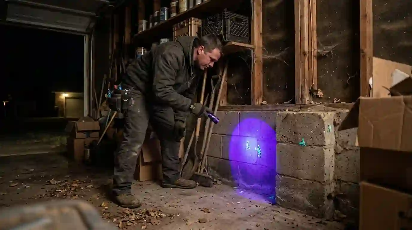 Technician using an ultraviolet black light to check a garage wall at night for scorpions