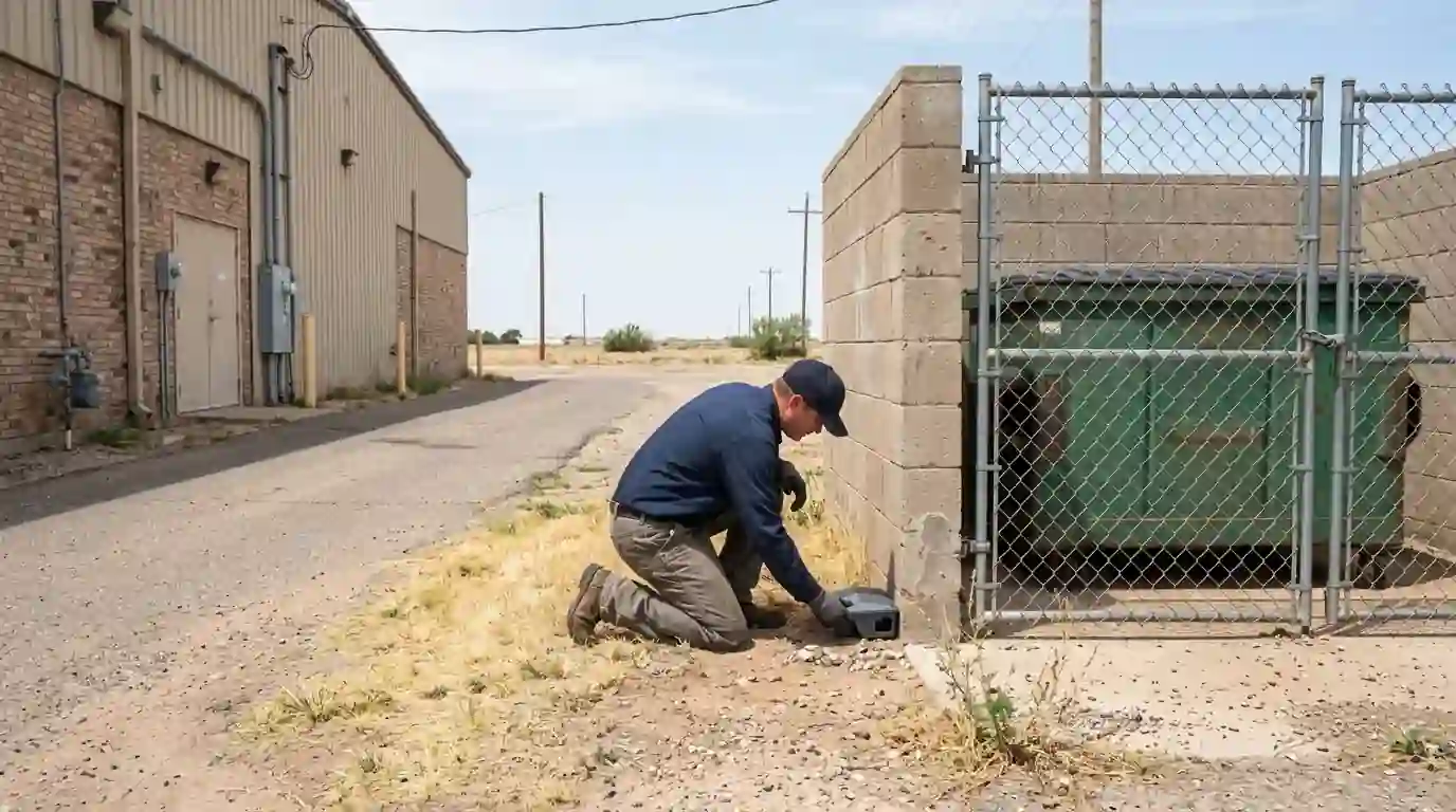 Technician placing a fly bait station near a dumpster enclosure beside a commercial building