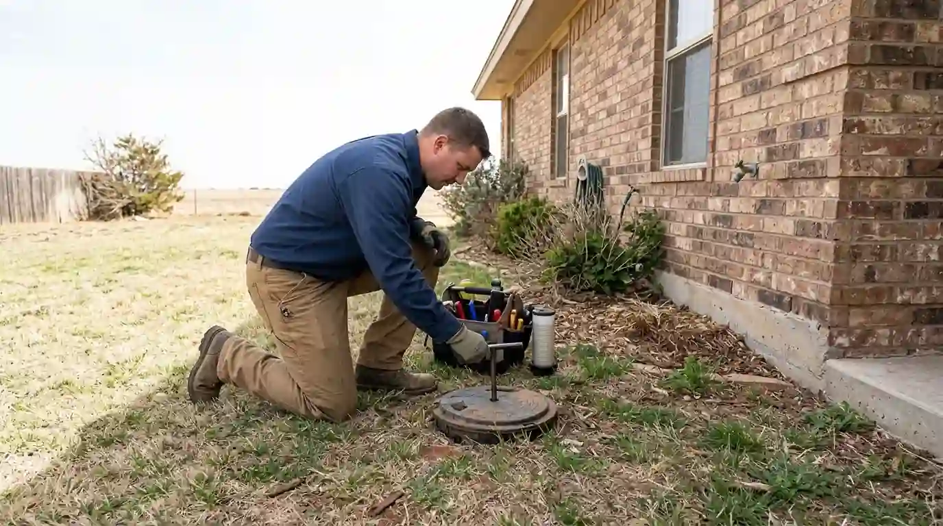In-ground termite bait station being opened by a technician in a lawn beside a brick home