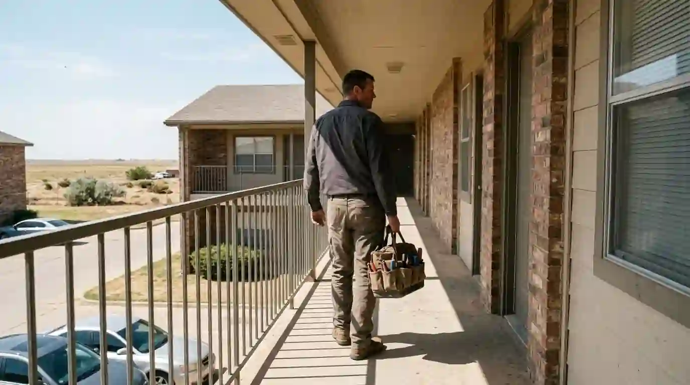 Technician walking a hallway of a two-story apartment building with a service bag
