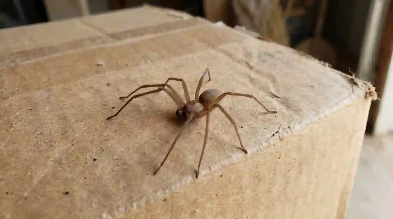 Brown recluse spider on a cardboard box surface, close view