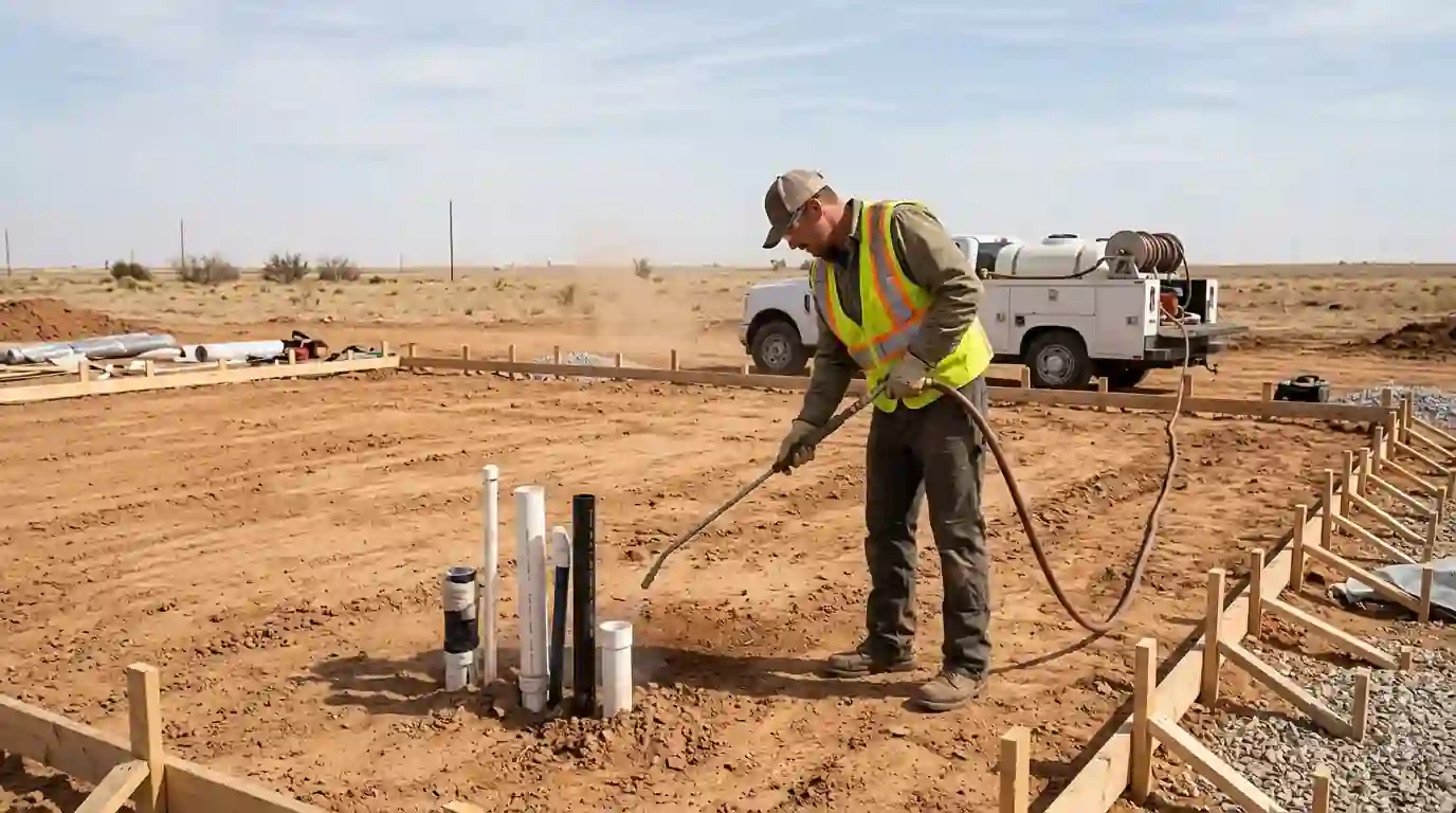Technician treating graded soil and plumbing penetrations before a concrete slab pour at a new home site near Amarillo
