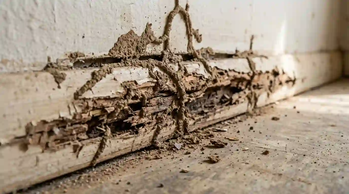 Close view of termite damaged wood baseboard with mud tracks