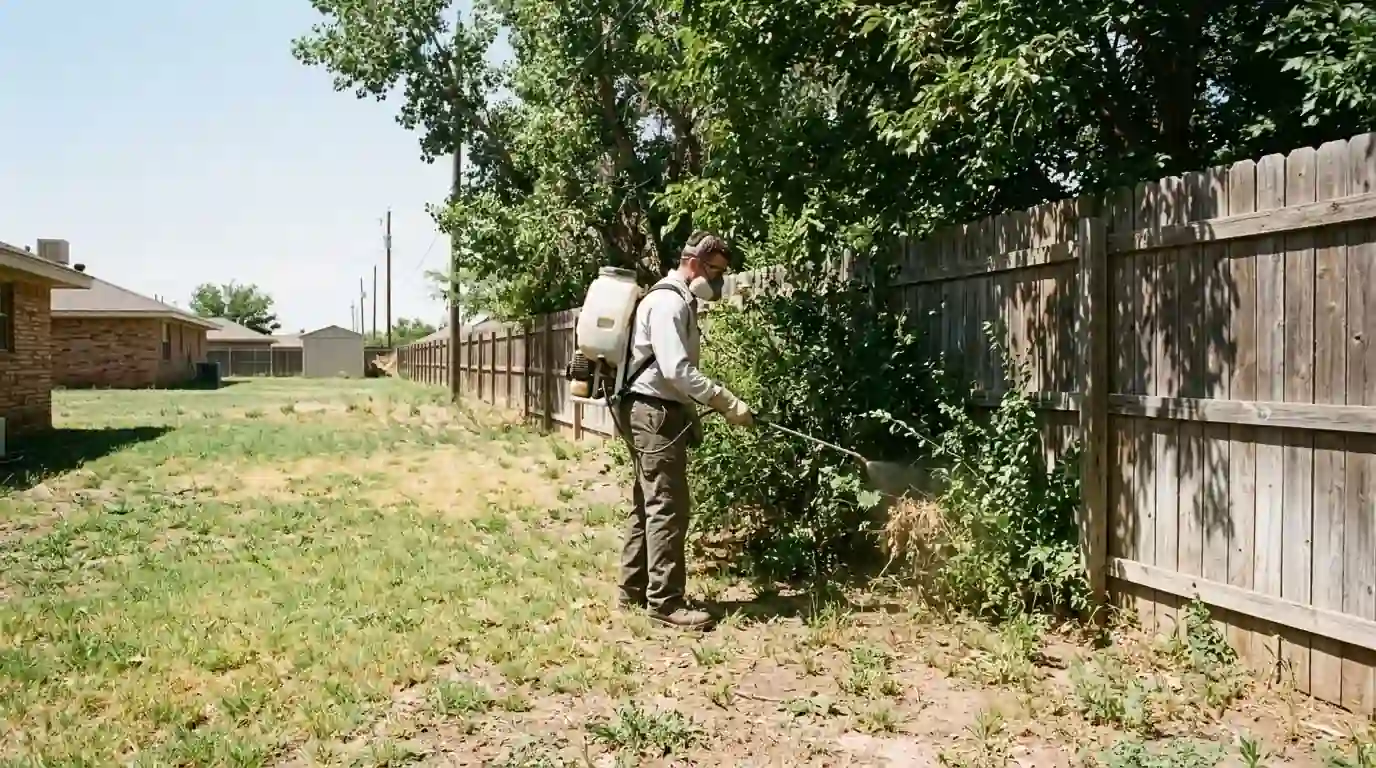 Technician treating shrubs and shaded fence line for mosquitoes in a backyard near Amarillo