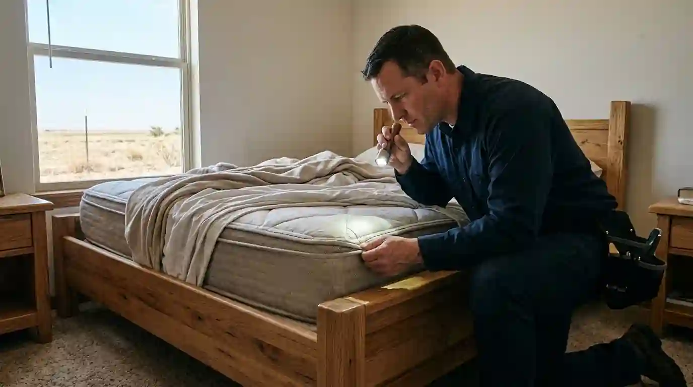 Technician inspecting mattress seams and a bed frame with a flashlight for bed bugs in a bright bedroom
