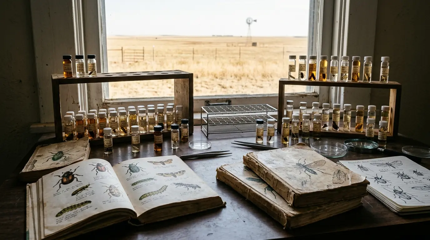 Pest identification field guides and specimen vials on a desk