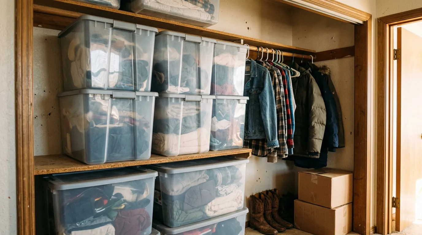 Clear plastic storage bins with sealed lids stacked in a closet