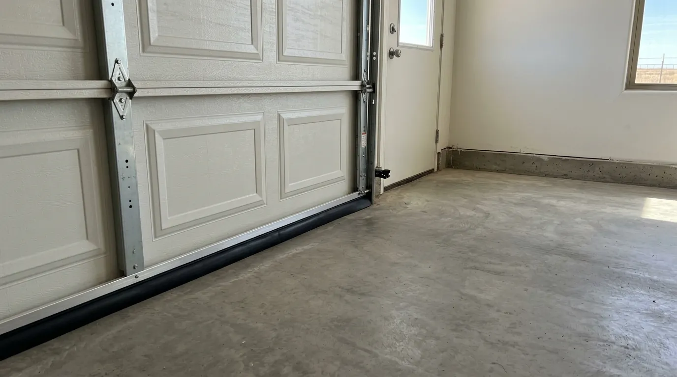 Garage door bottom with a new rubber seal and a clear floor along the walls