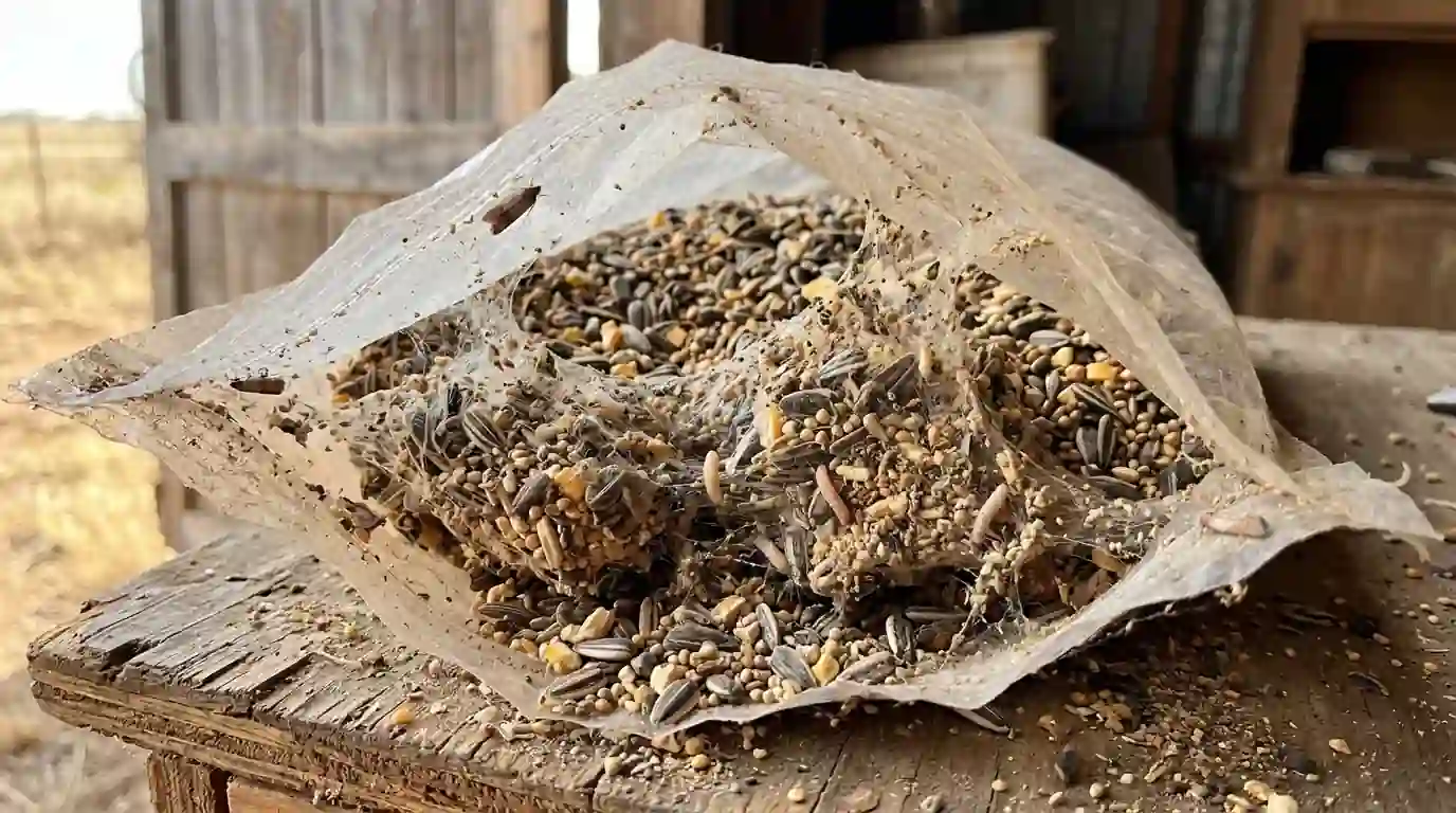 Indian meal moth webbing in a bag of birdseed, close view