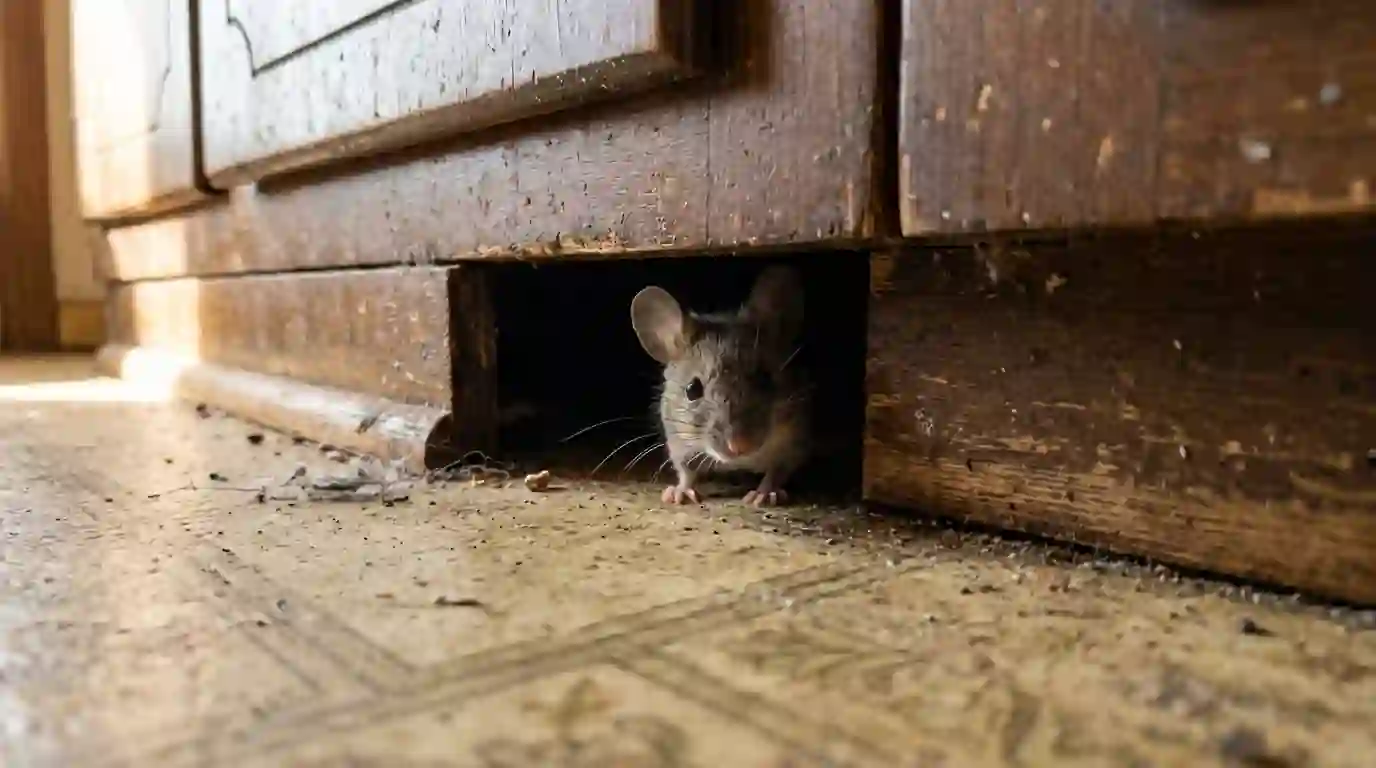House mouse peeking from a gap under a kitchen cabinet toe kick