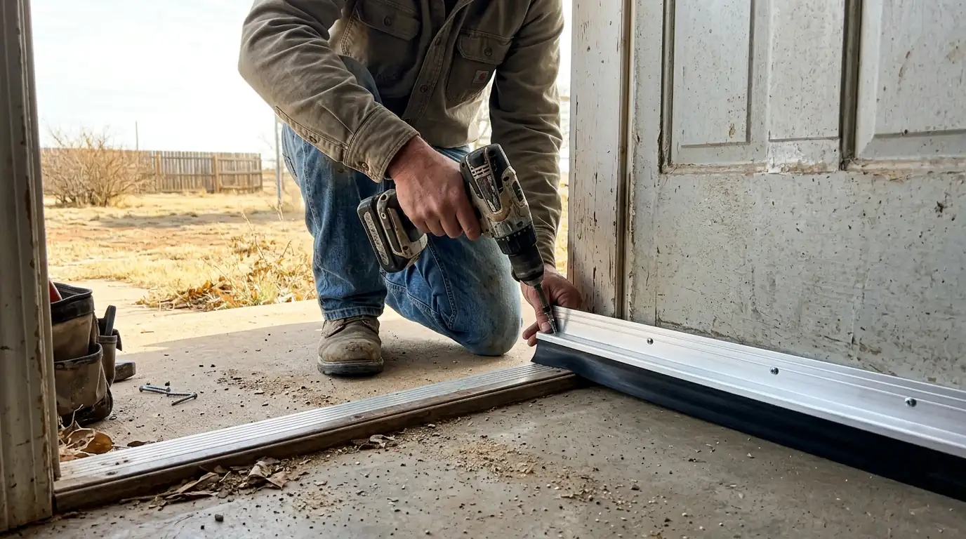 Door sweep being installed on an exterior door bottom