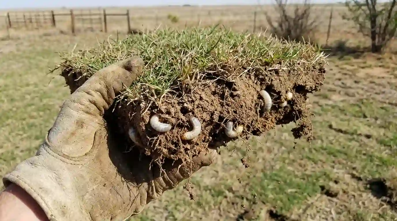 White grubs in a lifted square of turf held in a gloved hand