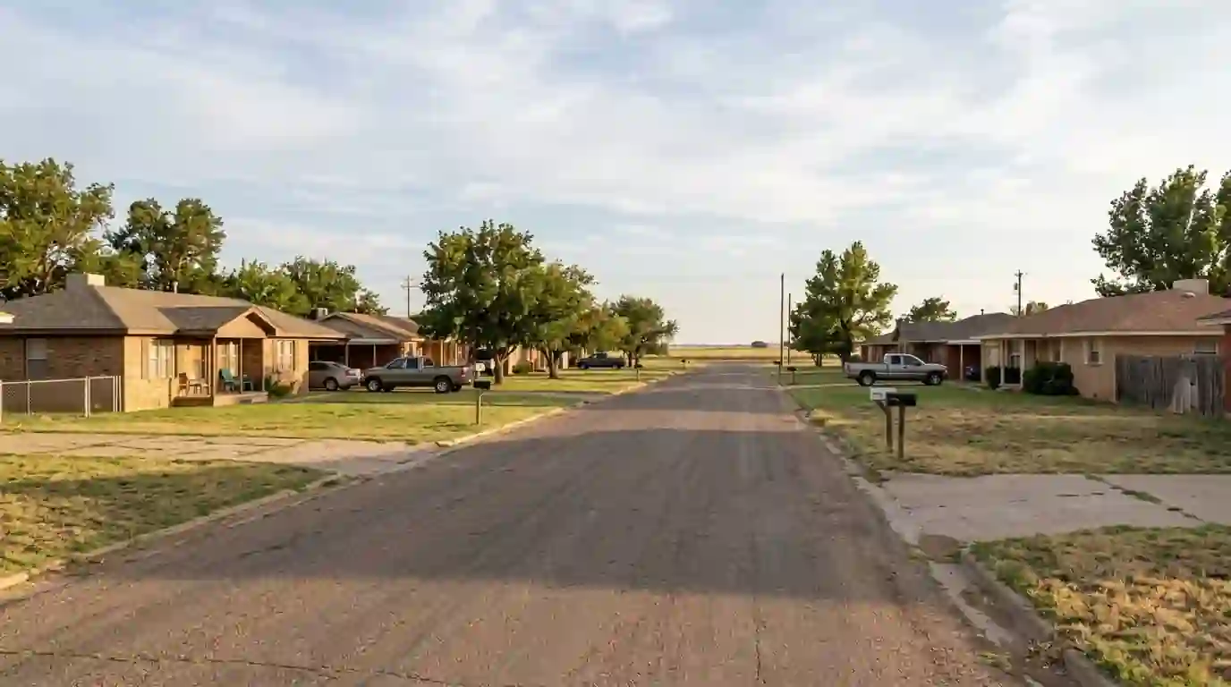 Residential street in Vega Texas with brick and frame homes