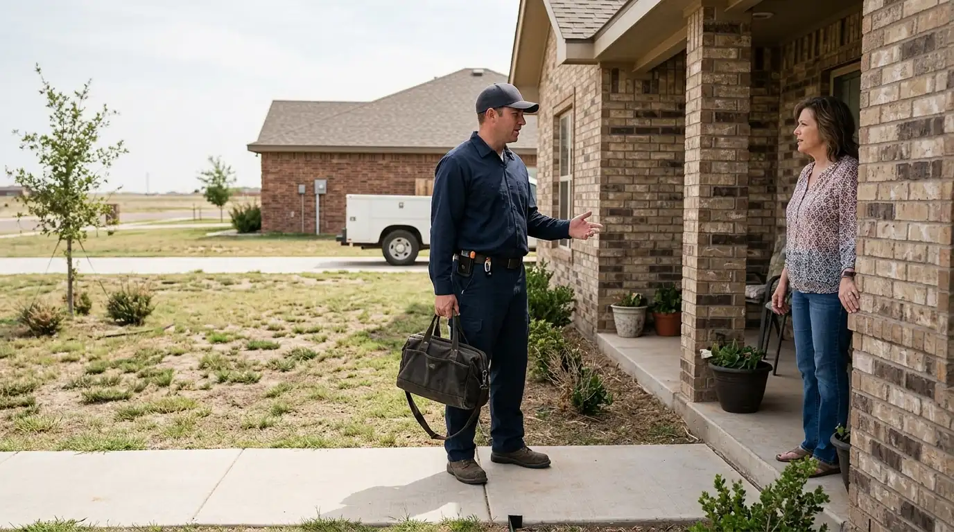 Pest control technician talking with a homeowner on a front walkway in south Amarillo