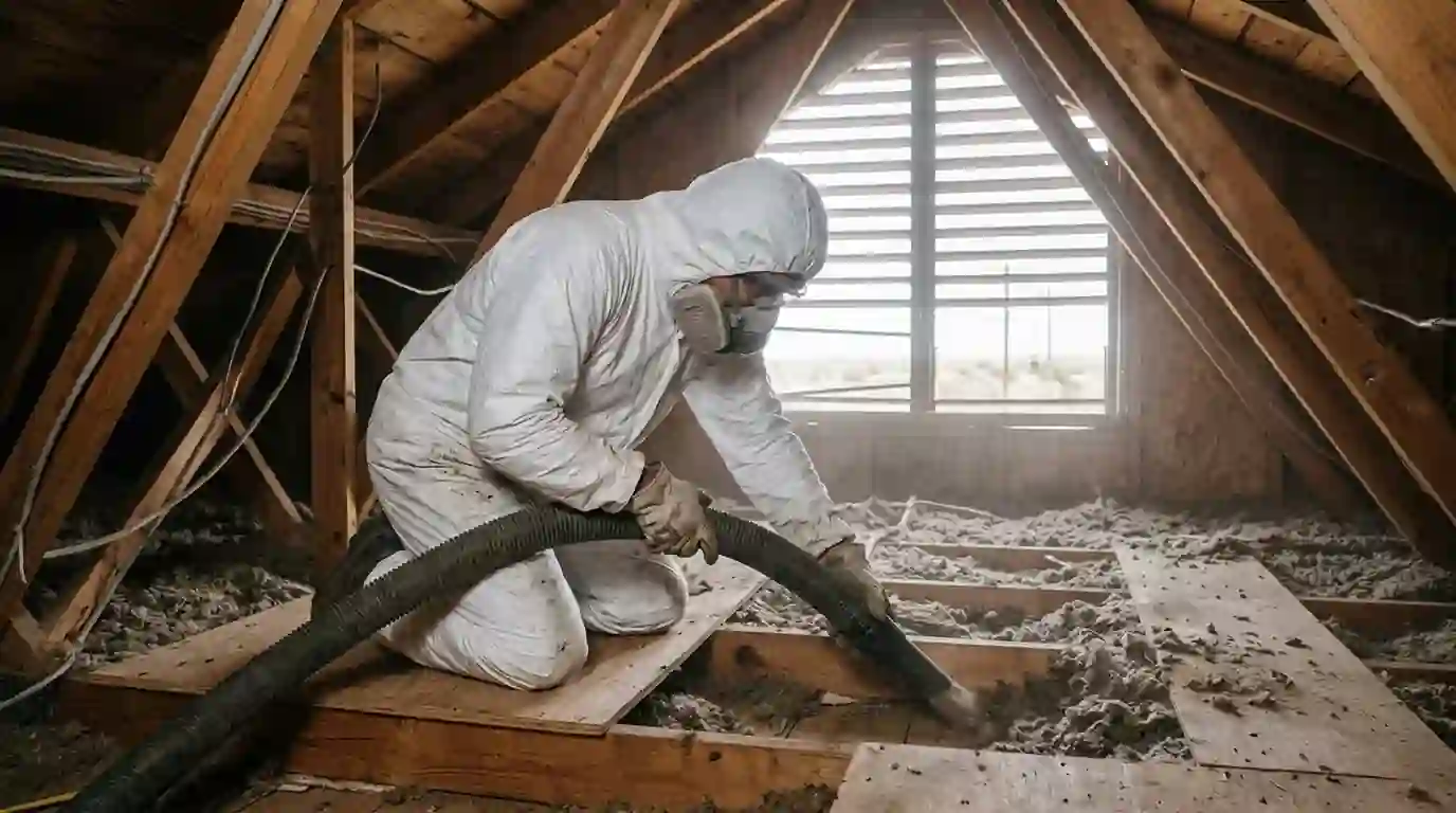 Technician in a respirator and coveralls vacuuming old contaminated insulation out of an attic with a large hose
