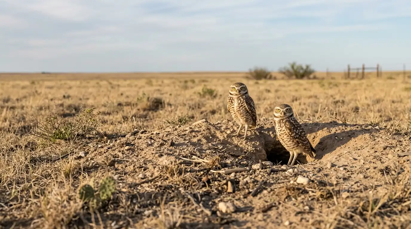 Burrowing owl pair at a burrow on short-grass prairie